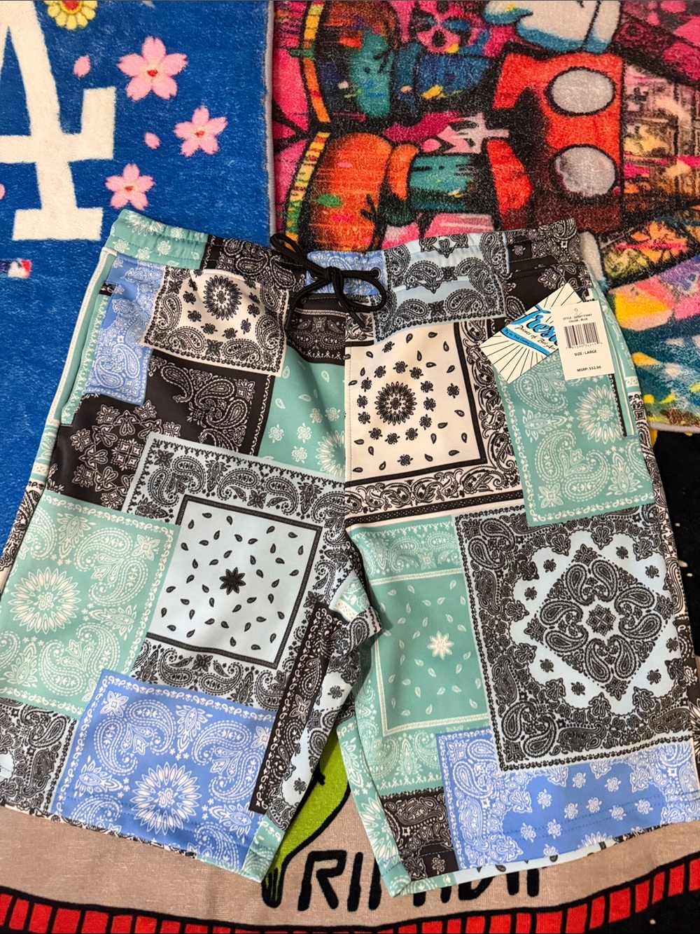 fresh Patchwork Bandana Print Athletic Shorts - Mint, Light Blue, Black